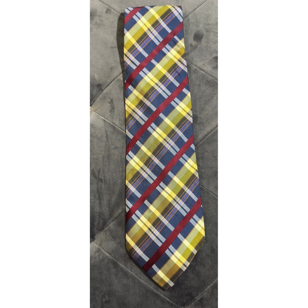 Audrey Buckner Mens Plaid Necktie Blue Burgundy Yellow Multi Color Silk Tie